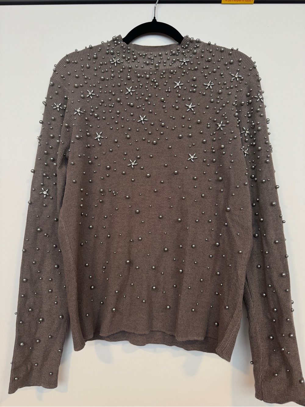 Pearl-Embellished Taupe Turtleneck Sweater